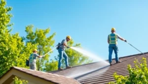 Roof cleaning service in action with professional team using soft washing equipment.