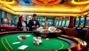 Dynamic casino scene emphasizing ink vao 12bet with roulette and poker gameplay.