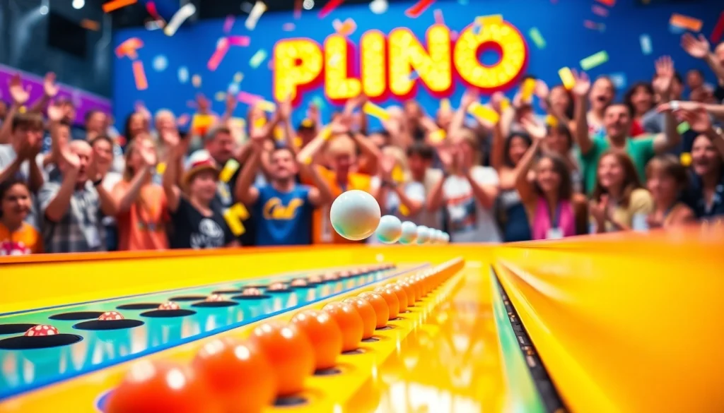 Permainan demo plinko yang menampilkan bola jatuh melalui pin dalam suasana meriah.