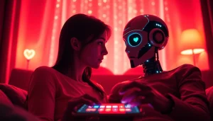 Engaging AI chat sex interaction on a sleek digital device in a warm, intimate setting.