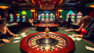 Engage with the thrill of gambling at W88 link with a vibrant casino scene featuring roulette and lively players.