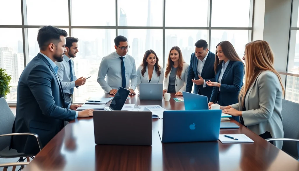 Business Consultants in Dubai collaborating in a modern office with a skyline view.