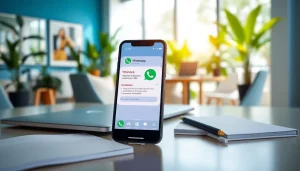Showcasing the WhatsApp Business CRM in a modern office setting, enhancing team communication.