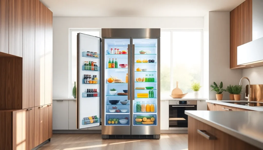 Visually stunning refrigerator filled with fresh produce and beverages.