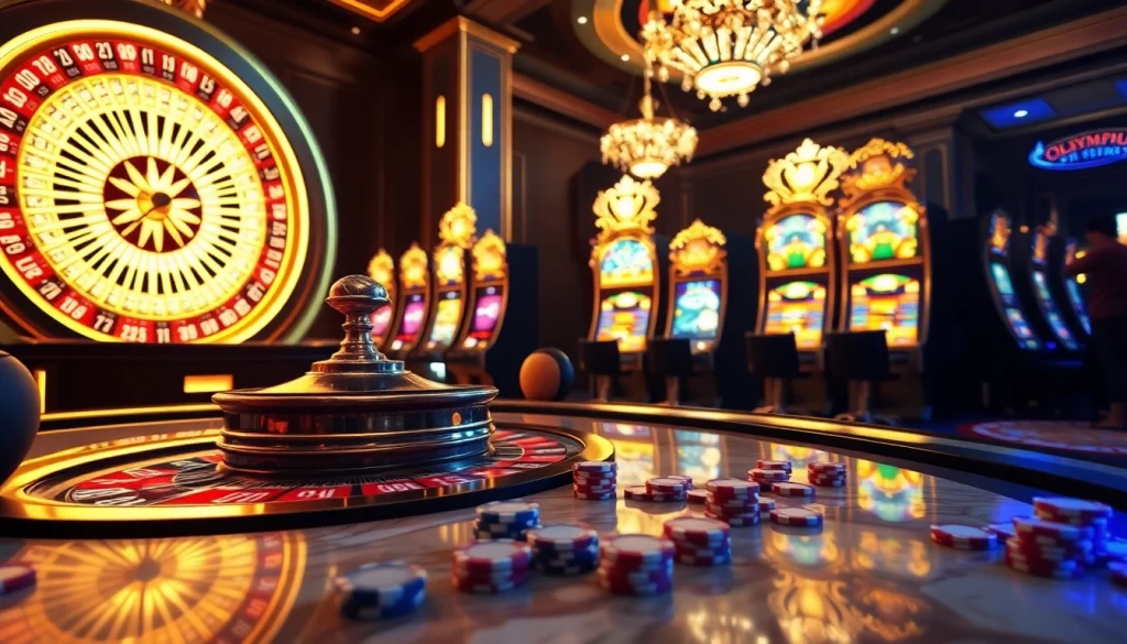 Enjoying a thrilling game of Olympus 1000 at a vibrant casino with golden highlights.