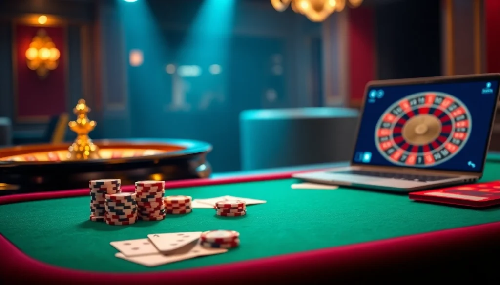 Engage with Gopay88 Daftar at a luxurious casino table featuring roulette, poker chips, and glowing cards.