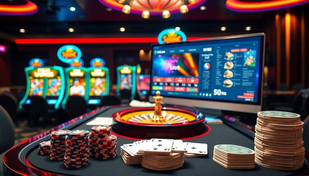 Engage in thrilling gameplay with https://soibet.vision/ showcasing vibrant casino elements like poker chips and roulette wheels.