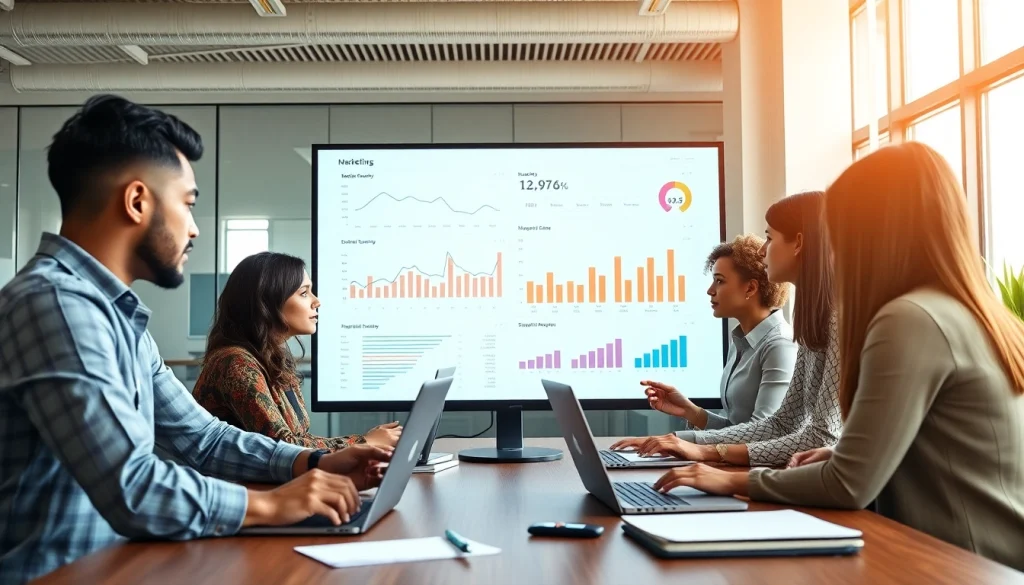 Engaging digital marketing strategy meeting highlighting collaboration and analytics.