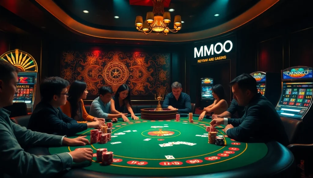 Exciting casino scene featuring MMOO-themed poker chips and a roulette wheel, exemplifying high-stakes gameplay.