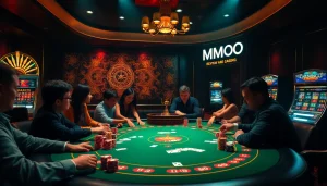 Exciting casino scene featuring MMOO-themed poker chips and a roulette wheel, exemplifying high-stakes gameplay.