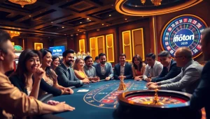 Experience the thrill of แทงบอล at a bustling casino table with vibrant poker chips and an active roulette wheel.