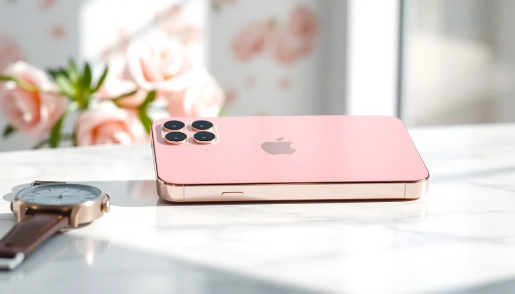 El iPhone 15 rosa colocado elegantemente sobre una mesa de mármol con un fondo floral suave.