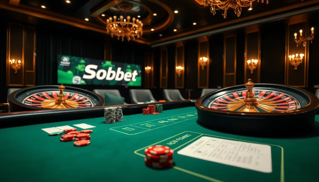 Engage in thrilling sbobet betting action at a luxurious online casino setting featuring roulette and poker.