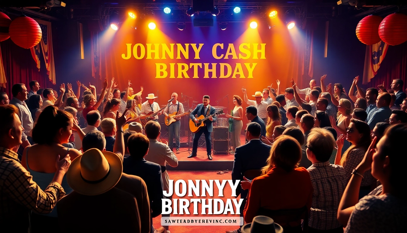 Celebration scene from johnnycashbirthday.com featuring Johnny Cash tribute performance with fans enjoying the event.
