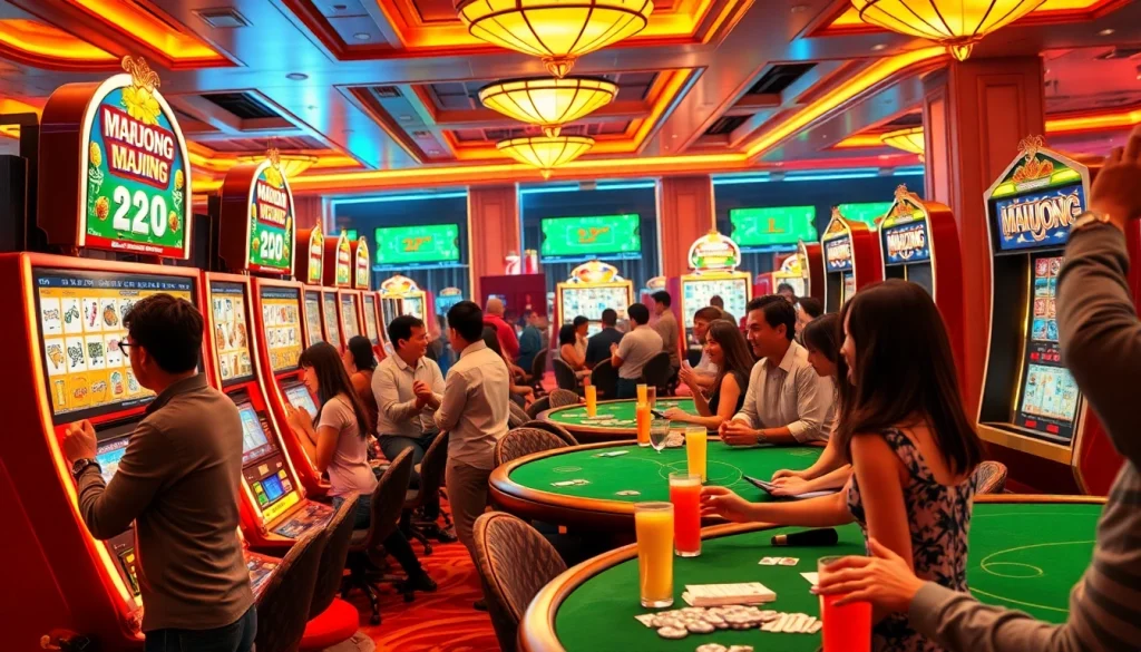 Gamblers enjoying the mahjong slot demo experience with colorful machines and vibrant atmosphere.