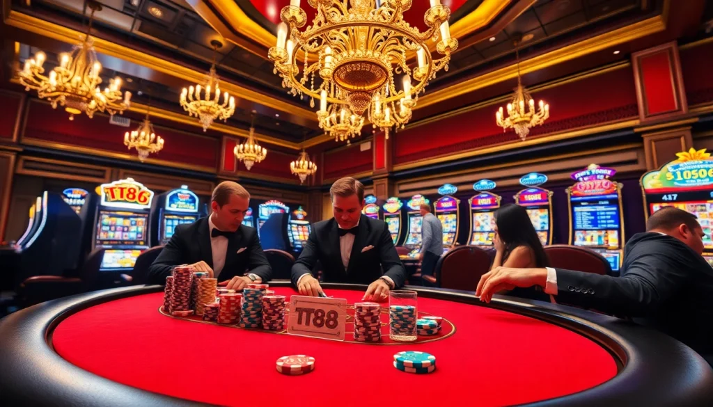 Players engage with TT88 poker chips in a luxurious casino setting filled with excitement.