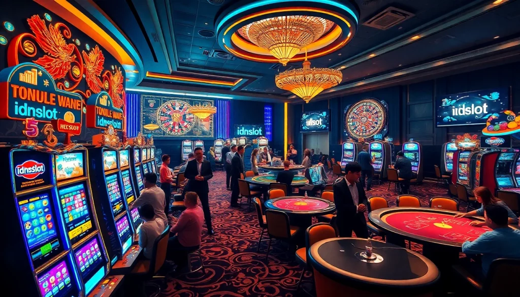 Experience the excitement of idnslot's vibrant casino atmosphere with busy slot machines and engaging roulette players.