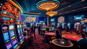 Experience the excitement of idnslot's vibrant casino atmosphere with busy slot machines and engaging roulette players.