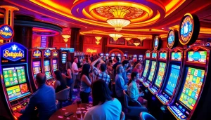 Pemain menikmati sensasi slot Depo 5k di lingkungan kasino yang hidup.