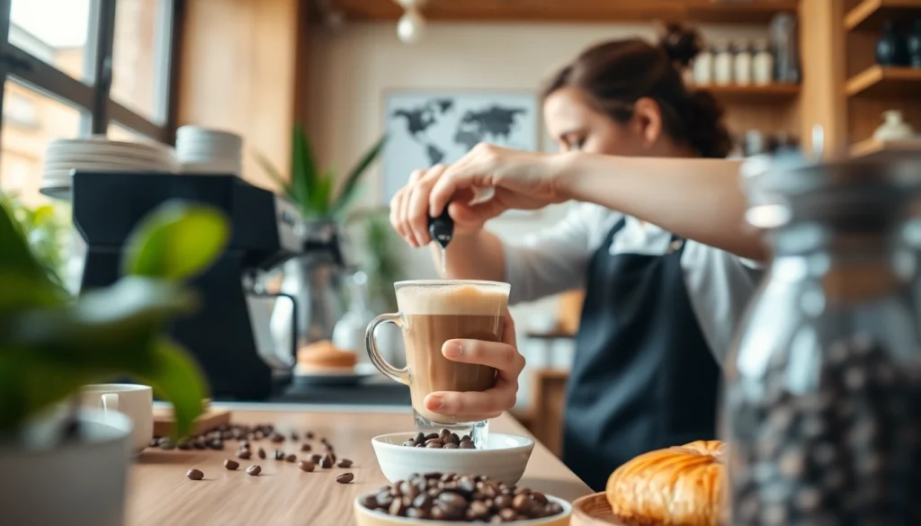 Coffee shop lloret de mar offering an inviting atmosphere with a skilled barista preparing a fresh brew.