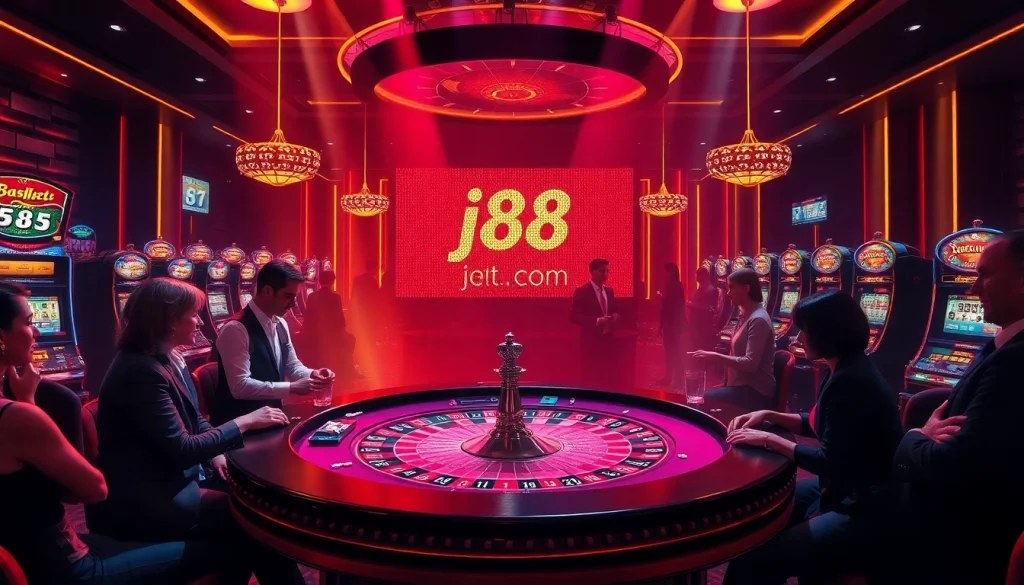 Experience the thrill of j88 com at a luxurious casino with players engaged at a roulette table.