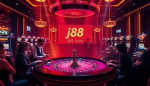 Experience the thrill of j88 com at a luxurious casino with players engaged at a roulette table.