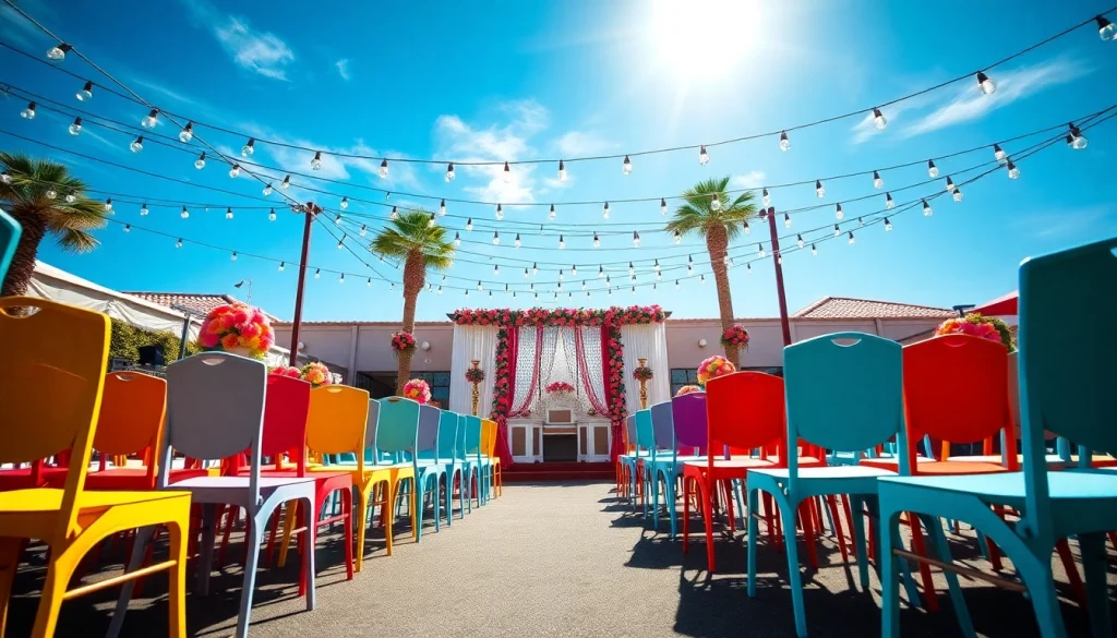 Vibrant outdoor event with Las Vegas Chair Rentals showcasing colorful, elegant chairs in a festive setting.