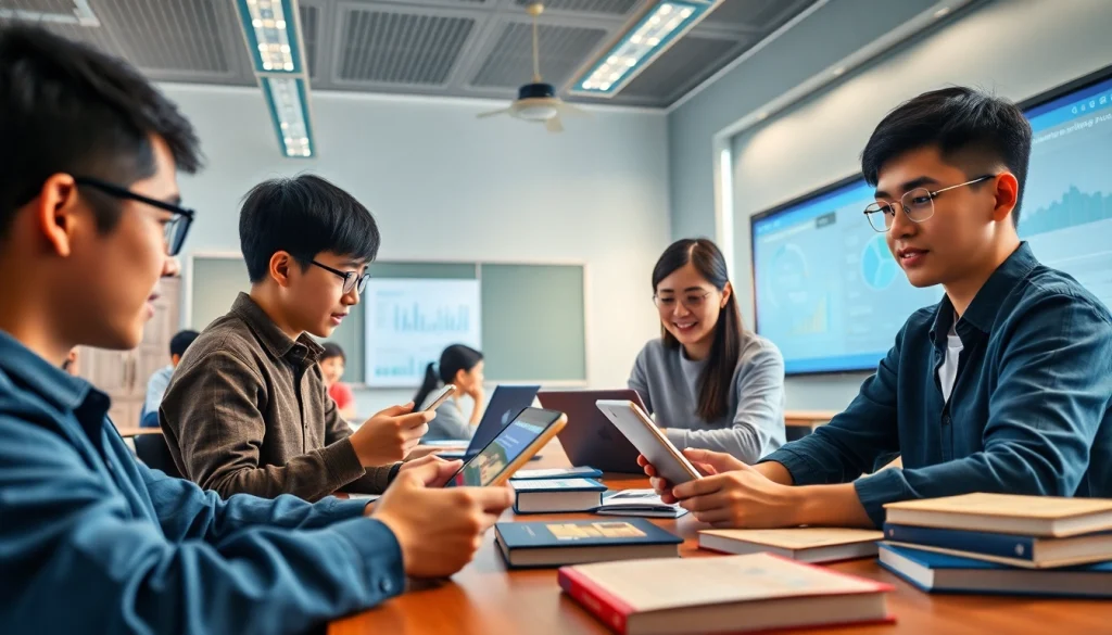 Youdao's innovative digital classroom featuring students engaged in language learning with modern technology.