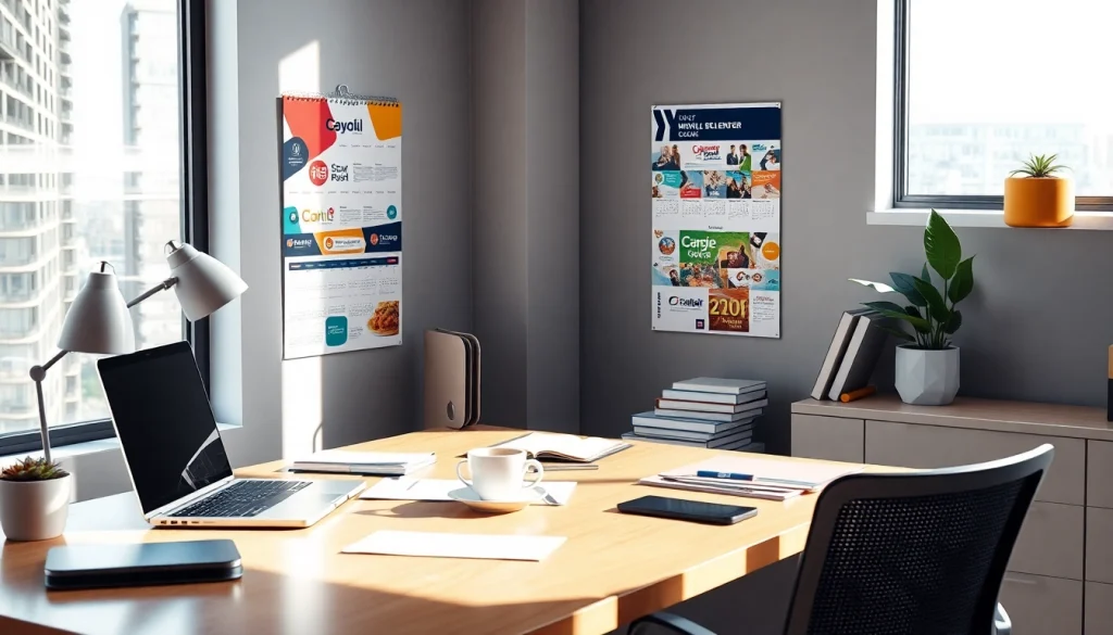 Kalendoriai su logotipu rodomi moderniame biuro darbalaukyje, demonstruojant ryškius dizainus verslo įvaizdžiui.