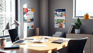 Kalendoriai su logotipu rodomi moderniame biuro darbalaukyje, demonstruojant ryškius dizainus verslo įvaizdžiui.