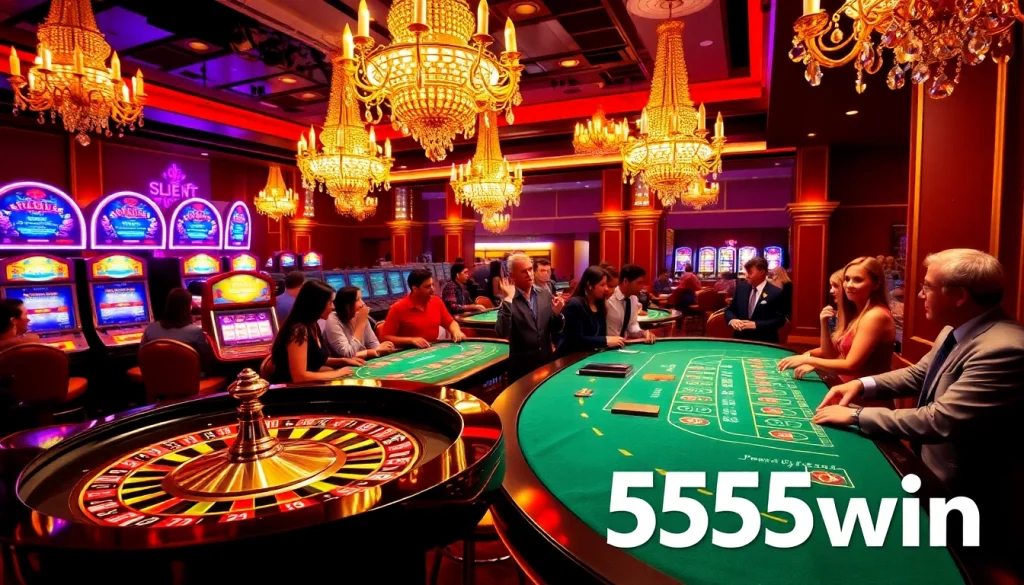 Exciting casino atmosphere showcasing 555win gaming with roulette and slot machines.