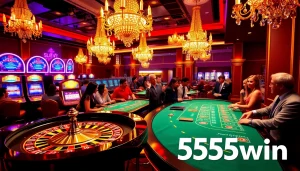 Exciting casino atmosphere showcasing 555win gaming with roulette and slot machines.