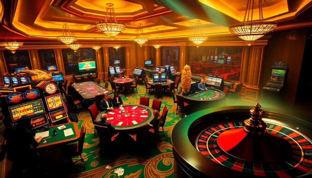 Experience the excitement of gambling at https://rr888.in.net/ with players at poker tables and vibrant casino elements.