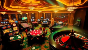 Experience the excitement of gambling at https://rr888.in.net/ with players at poker tables and vibrant casino elements.