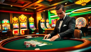 Experience the nohu90 excitement at a luxurious casino table with vibrant gaming elements.