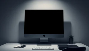 High-quality black screen image displayed on a modern monitor in a minimalist workspace.