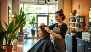 Aveda salon San Diego: Professional stylist giving a haircut in a modern, tranquil environment.