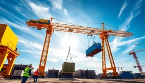 Dynamic view of a double girder bridge crane lifting heavy loads on a construction site, showcasing professional operations.