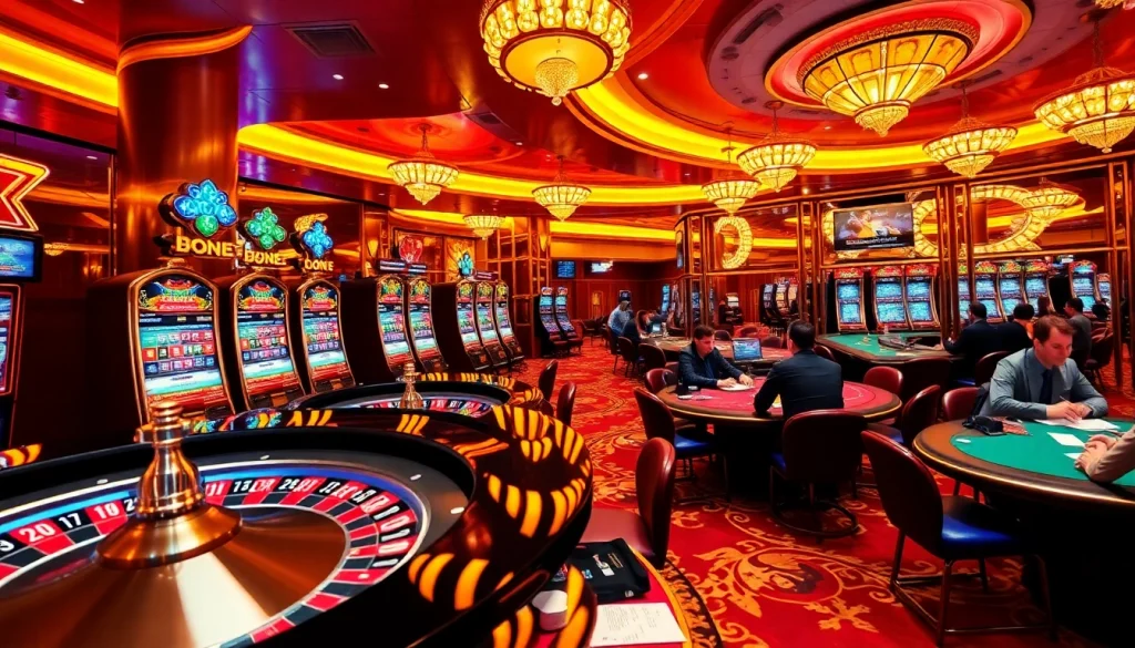 Sbobet sports betting scene with vibrant casino elements and excited players at tables.