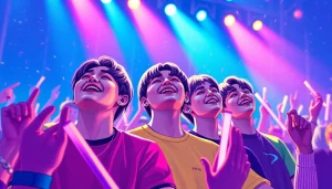 Catch the latest bts news capturing BTS performing lively at a concert with vibrant colors.