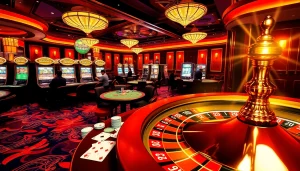 Nohu90 vibrant casino scene with playing cards, roulette wheel, and excited gamblers