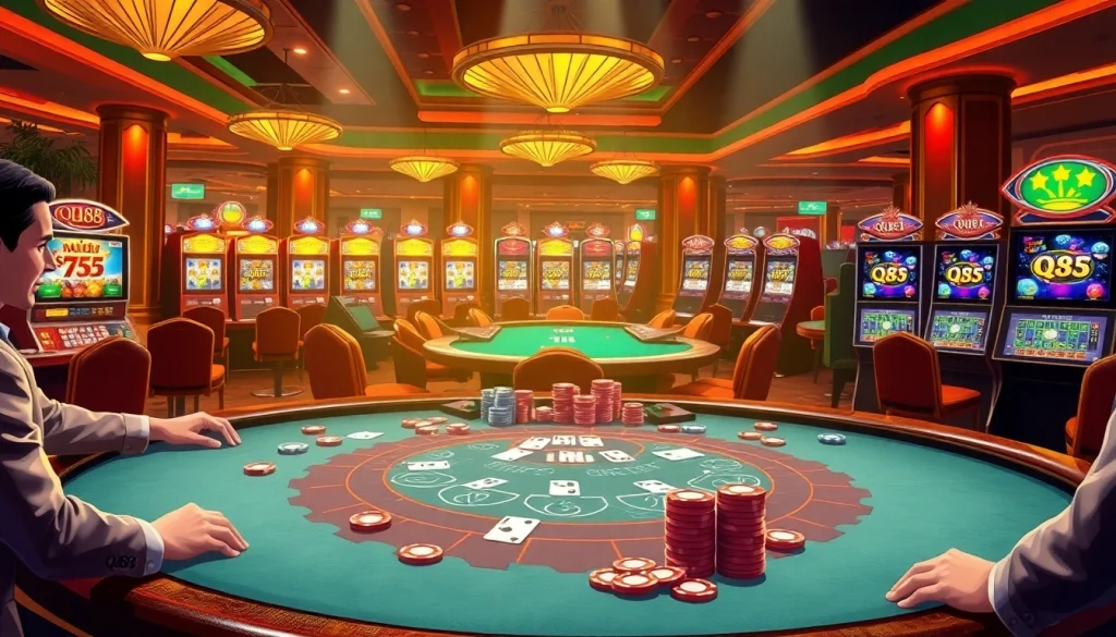 Players engaged in high-stakes blackjack at QH88 casino, surrounded by vibrant slot machines.