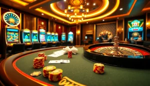 Exciting online casino scene with 79king com branding, showcasing poker chips and roulette wheel.