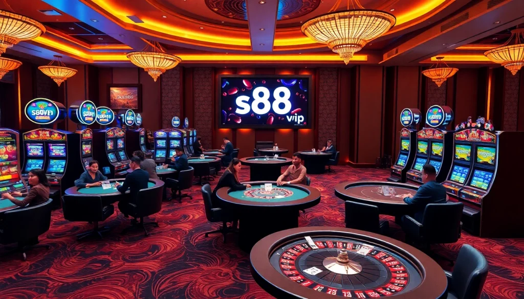 Experience a thrilling s88vip gaming atmosphere with vibrant casino tables and colorful slot machines.