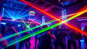 Exciting laser tag game in action with vibrant neon lights and enthusiastic players.