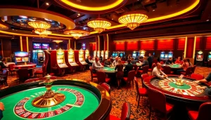 A lively casino scene showcasing Lc 88 excitement with players at poker tables, vibrant slot machines, and roulette wheels.
