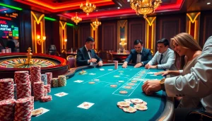 Experience the thrill of Luckywin with a vibrant casino scene featuring poker chips and a roulette wheel.