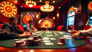 Trải nghiệm cảm giác hồi hộp khi đánh bạc tại một casino sôi động với bàn poker cg79, những quân chip sắc màu và bánh xe roulette quay tròn.