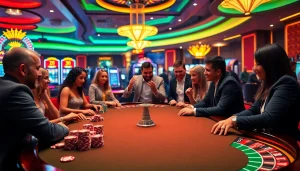 Người chơi tận hưởng những trò chơi đầy kịch tính tại bàn casino cg79, giữa các máy đánh bạc đầy màu sắc và bánh xe roulette.