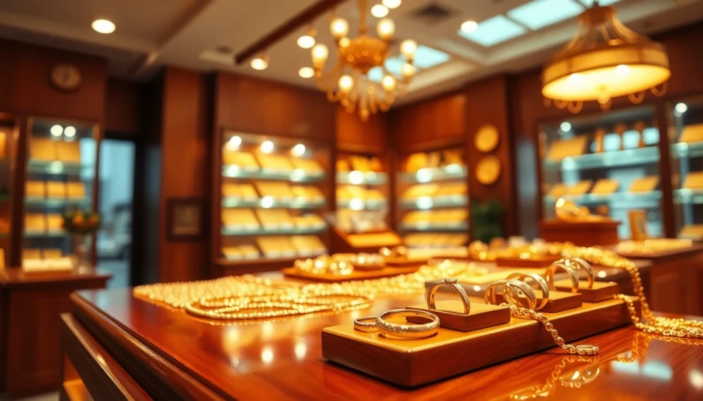 Valuta compro oro con gioielli scintillanti in un negozio elegante.